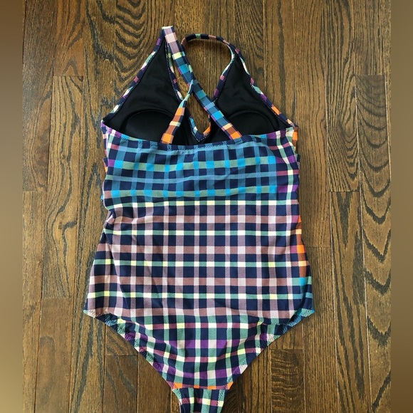 Motherhood Maternity M Checkered Orange/Blue One Piece w/Cross Straps & Bow NWOT - Picture 7 of 12
